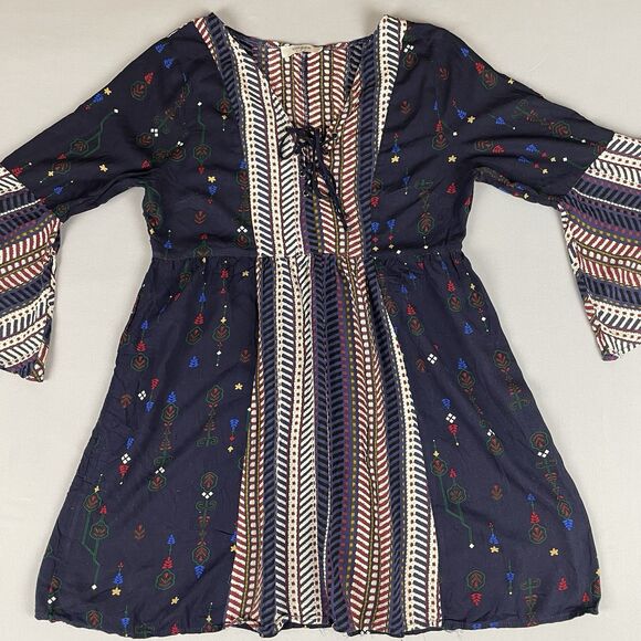 Umgee Lace Up Front Bell Sleeve Mini Dress Tunic Women's Sm Blue Floral Boho - Picture 2 of 15